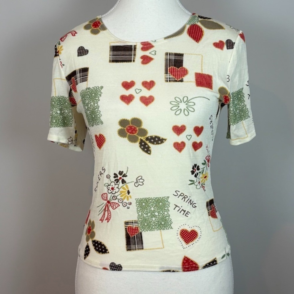 VTG Y2K Allover Cottagecore Pattern Stretch Slim Fit Top Juniors‎ SZ Large